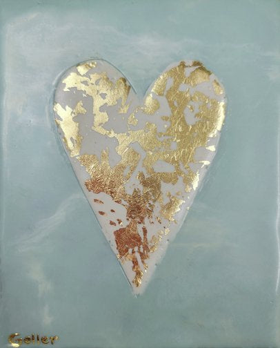 ***SOLD*** Carrie Goller - White on Teal Heart with Gold Leaf, encaustic 5.25x4.5