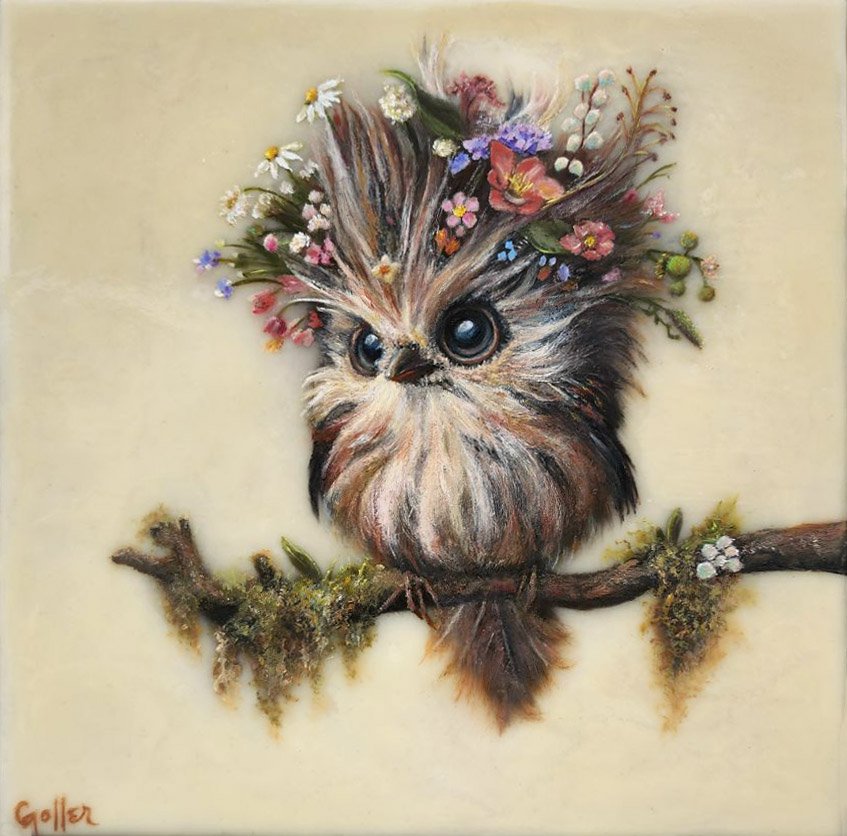 Prints available, original ***SOLD*** CARRIE GOLLER - Willy Jack (Wowl, Floriferous Collection), Mixed Media - Oil/Encaustic 8x8 ***At Rehs Contemporary Galleries, NYC, please inquire at (212) 355-5710***