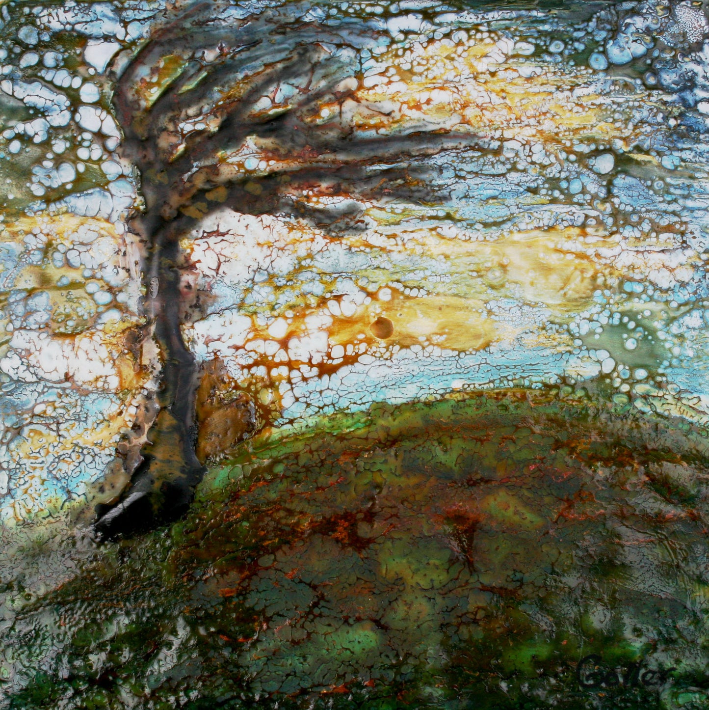 ***SOLD***Fire Trees - 7x5 on wood block