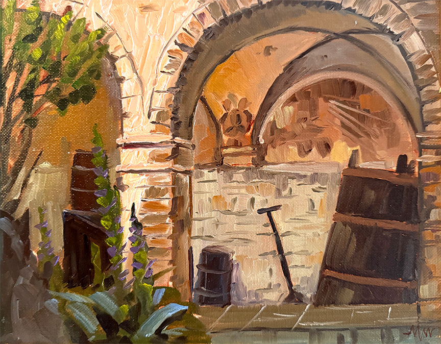 MAURY WEISS - Wine Cellar Corciano Italy, Original Plein Air Oil on Panel, 8x10