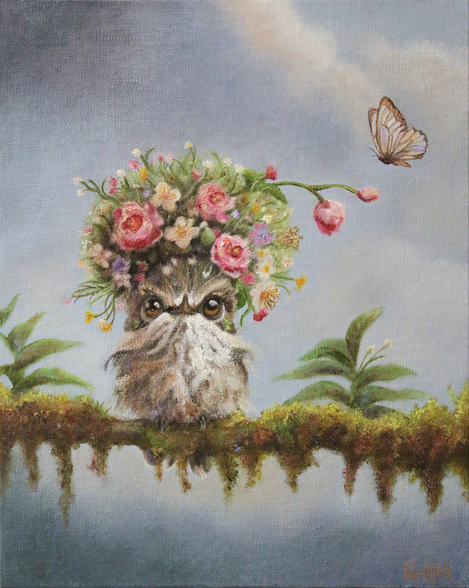 Prints available, original ***SOLD*** CARRIE GOLLER - Winifred (Floriferous "Bouffant" Collection, Hummingbird) Oil 10x8 ***At Rehs Contemporary Galleries, NYC (212) 355-5710***