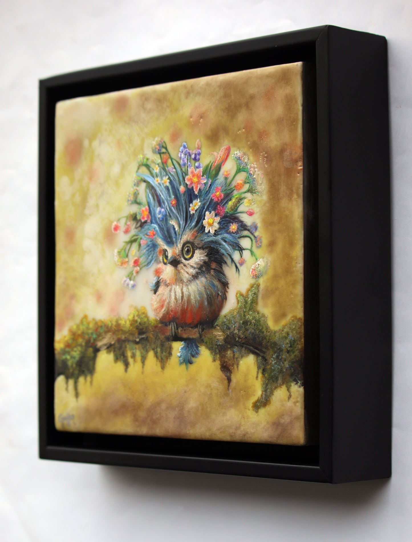 CARRIE GOLLER - Winket - Floriferous Collection Wowl, Mixed media oil/encaustic 8x8 (Bird) ***At Rehs Contemporary Galleries, NYC, please inquire at (212) 355-5710***