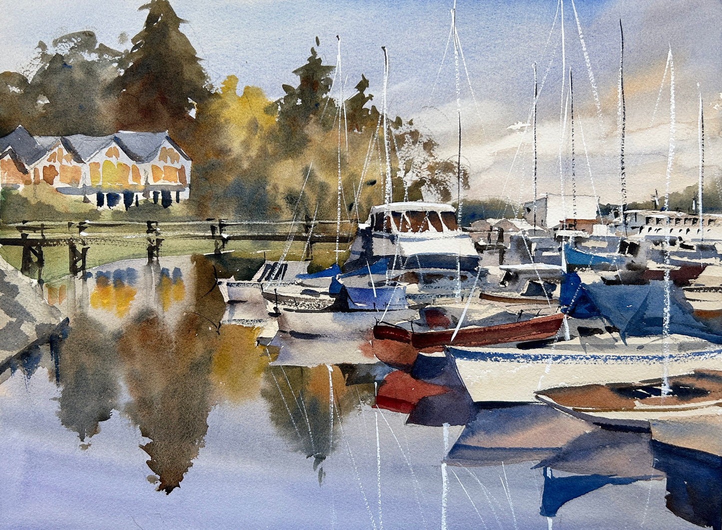 Ina Xi - Winslow Wharf in Early Fall (Bainbridge Island, WA), Original Plein Air Watercolor, 11x15 (13,5x17.5 framed)