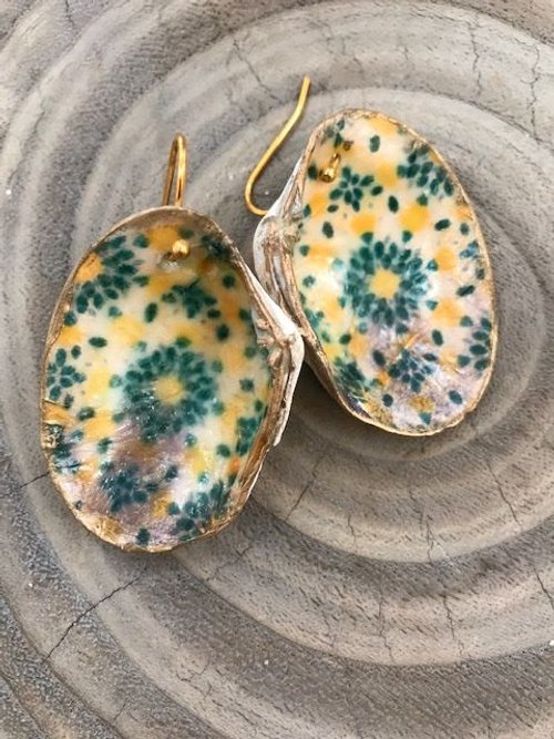 Hood Canal Seashell Earrings - Yellow green floral- 18k Gold Trim - Carrie Goller