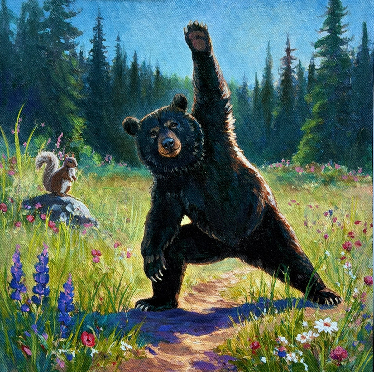 JANDI SMALL - Yoga Bear - Warrior Pose, Oil on canvas panel, 12x12