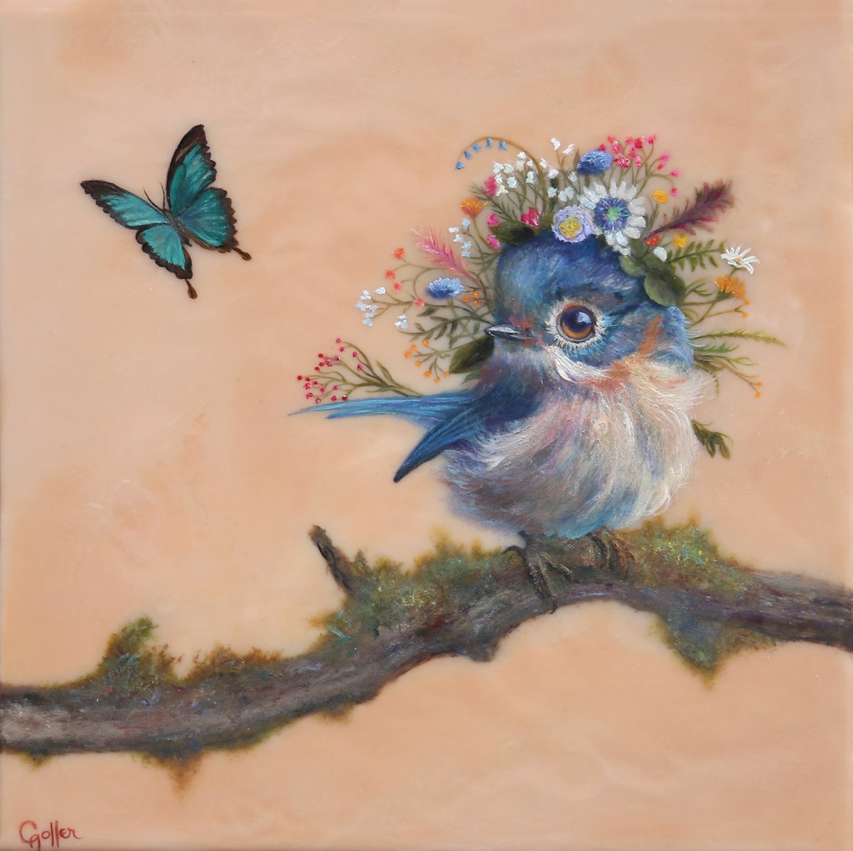 Prints available, original ***SOLD*** CARRIE GOLLER - Zelda (Floriferous Collection, Eastern Bluebird), Mixed Media - Oil/Encaustic 10x10 ***At Jones & Terwilliger Galleries***