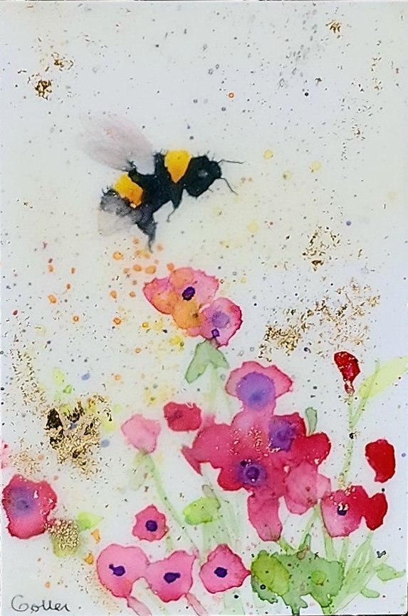 ***SOLD***Carrie Goller - Original Bee Miniature Painting 3 x 4.75 - Encaustic/Watercolor/Gold Leaf