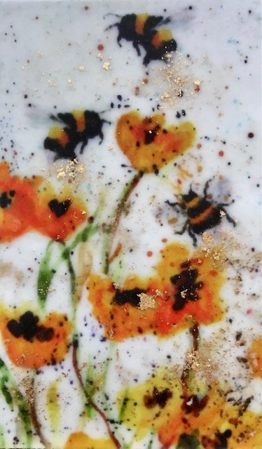 ***SOLD***Carrie Goller - Three Bees with Flowers, miniature encaustic giclee print with gold leaf, 3 x 4.75