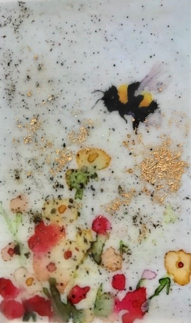 ***SOLD***Carrie Goller - Bee with Flowers, miniature encaustic giclee print with gold leaf, 3 x 4.75