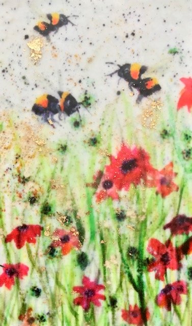 Carrie Goller - Three Bees with Flowers, miniature encaustic giclee print with gold leaf, 3 x 4.75