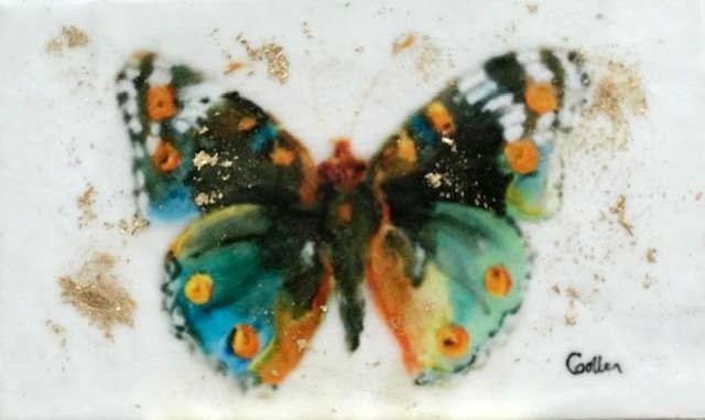 ***SOLD***Carrie Goller - Butterfly, miniature encaustic giclee print with gold leaf, 3 x 4.75