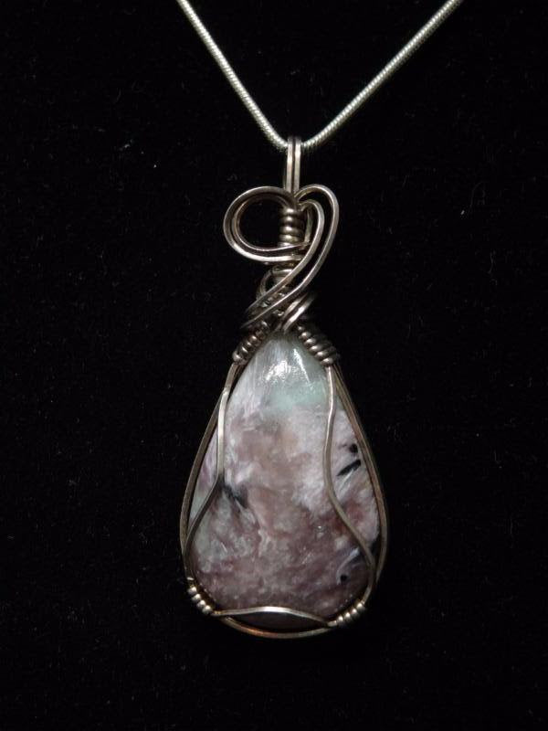 ***SOLD*** CHARLES GOLLER - Charoite sterling silver wire-wrapped crystal/gemstone pendant-necklace with sterling snake chain