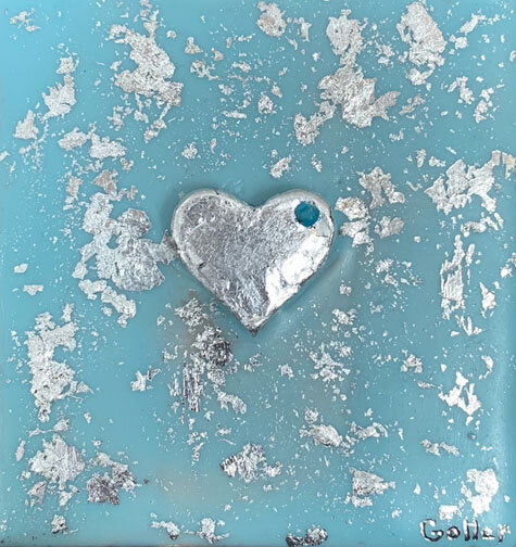***SOLD*** Carrie Goller - Silver heart with blue dot on light blue, encaustic 3.5x3.25