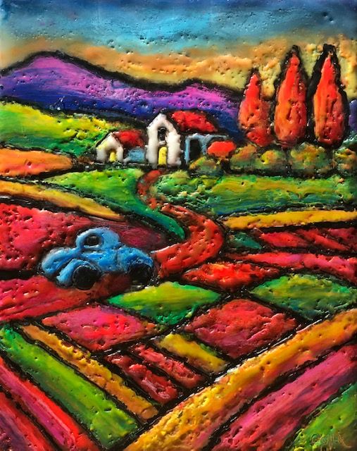 Carrie Goller - Idyllic 62, encaustic on 1.5" wood block, 7x5