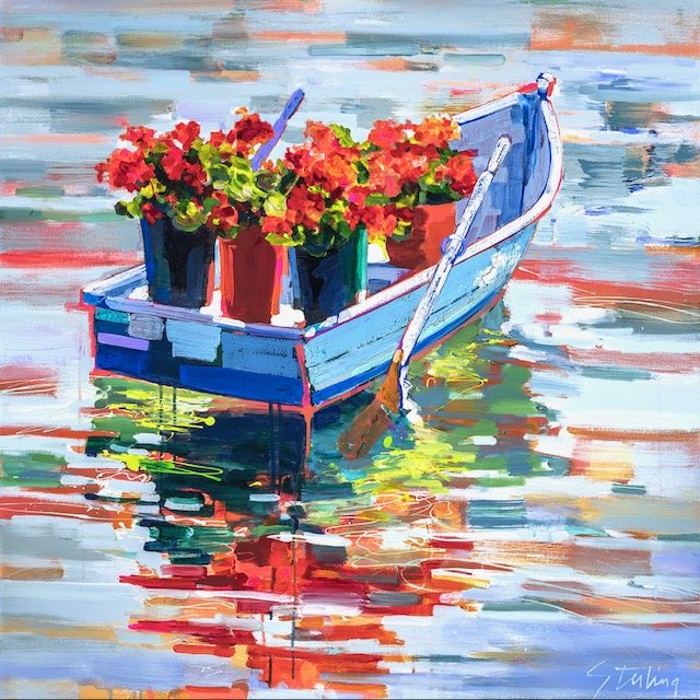 Prints available, original***SOLD** SYDNI STERLING - Geraniums in the Limelight, Original acrylic on canvas, 12”Wx12”H