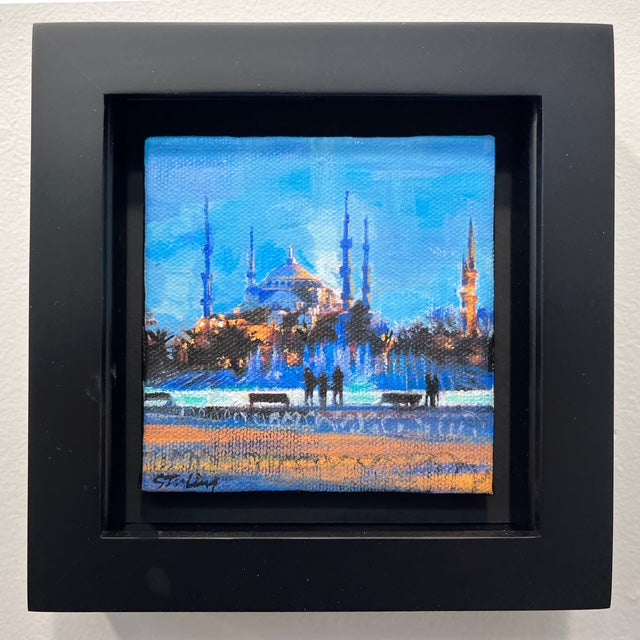 SYDNI STERLING - The Blue Mosque-Istanbul, original acrylic on canvas, 4”Wx4”H (framed)