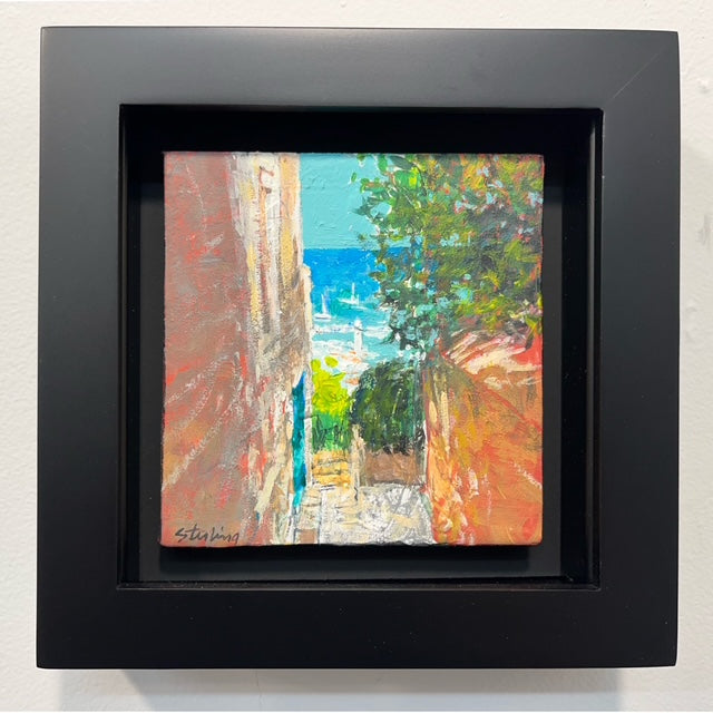 SYDNI STERLING - Above the Harbor-Hydra Island - Greece, original acrylic on canvas, 4”Wx 4”H (framed)
