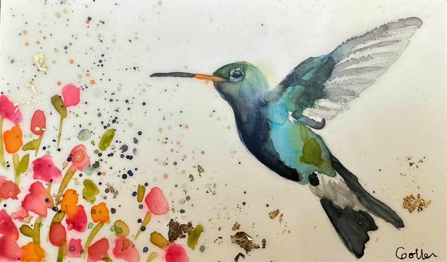 ***SOLD*** Carrie Goller - Original Green & Blue Hummingbird with Flowers Miniature Painting 3 x 4.75 - Encaustic/Watercolor/Gold Leaf