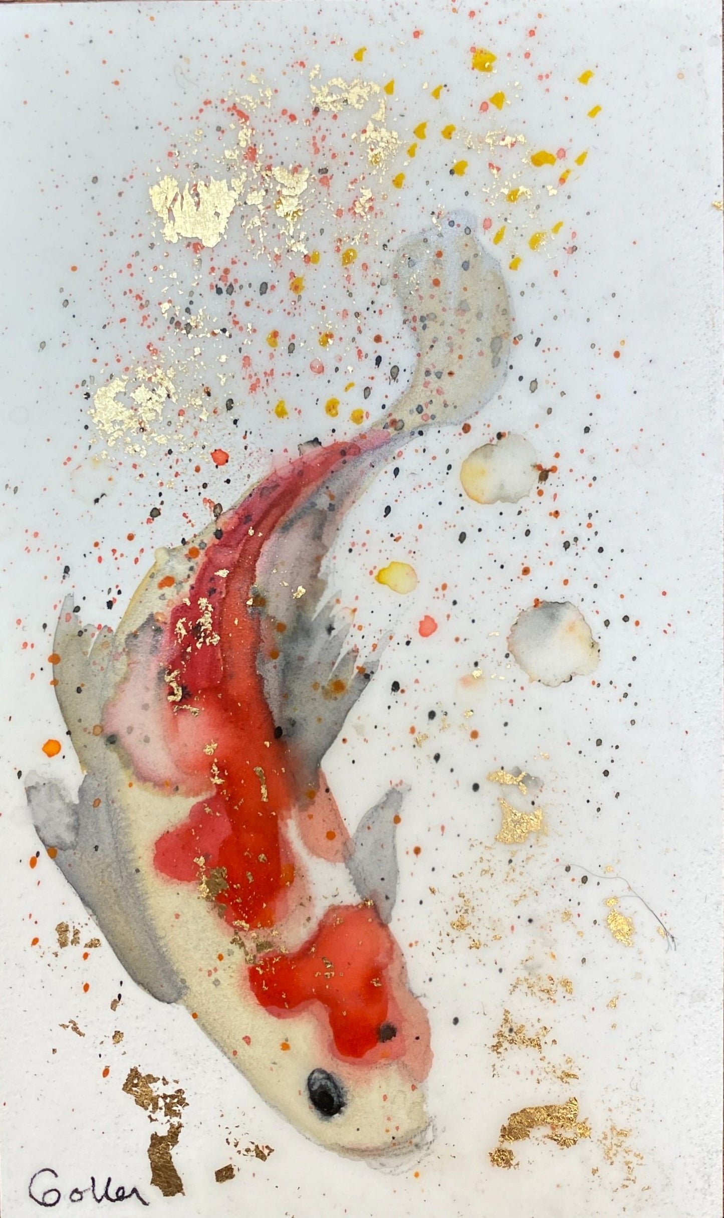 ***SOLD*** Carrie Goller - Original Koi Miniature Painting 3 x 4.75 - Encaustic/Watercolor/Gold Leaf