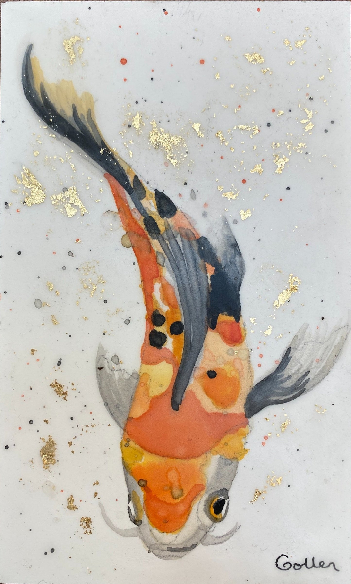 ***SOLD*** Carrie Goller - Original Koi Miniature Painting 3 x 4.75 - Encaustic/Watercolor/Gold Leaf