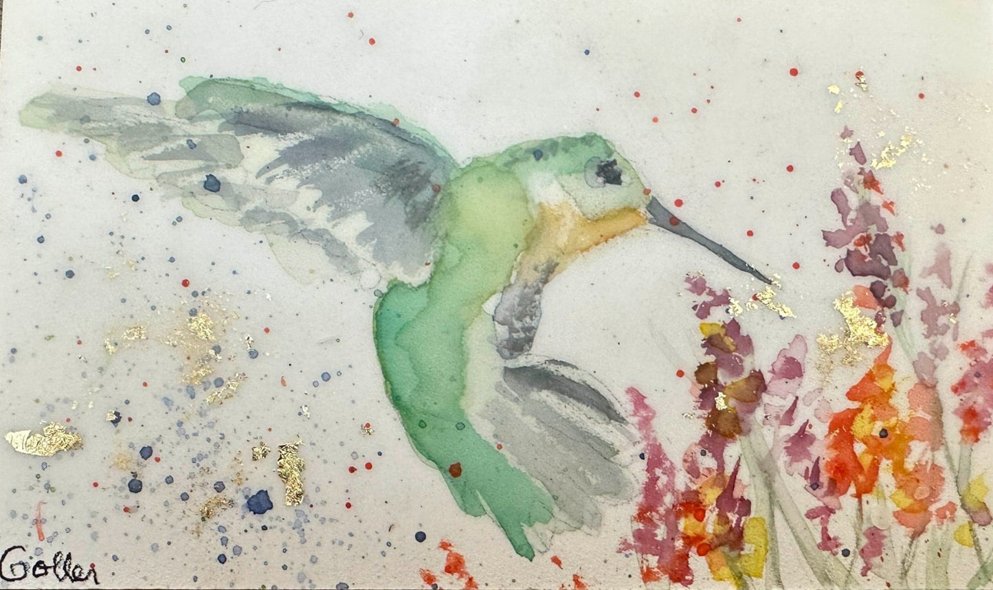 ***SOLD*** Carrie Goller - Original Green Hummingbird with Flowers Miniature Painting 3 x 4.75 - Encaustic/Watercolor/Gold Leaf