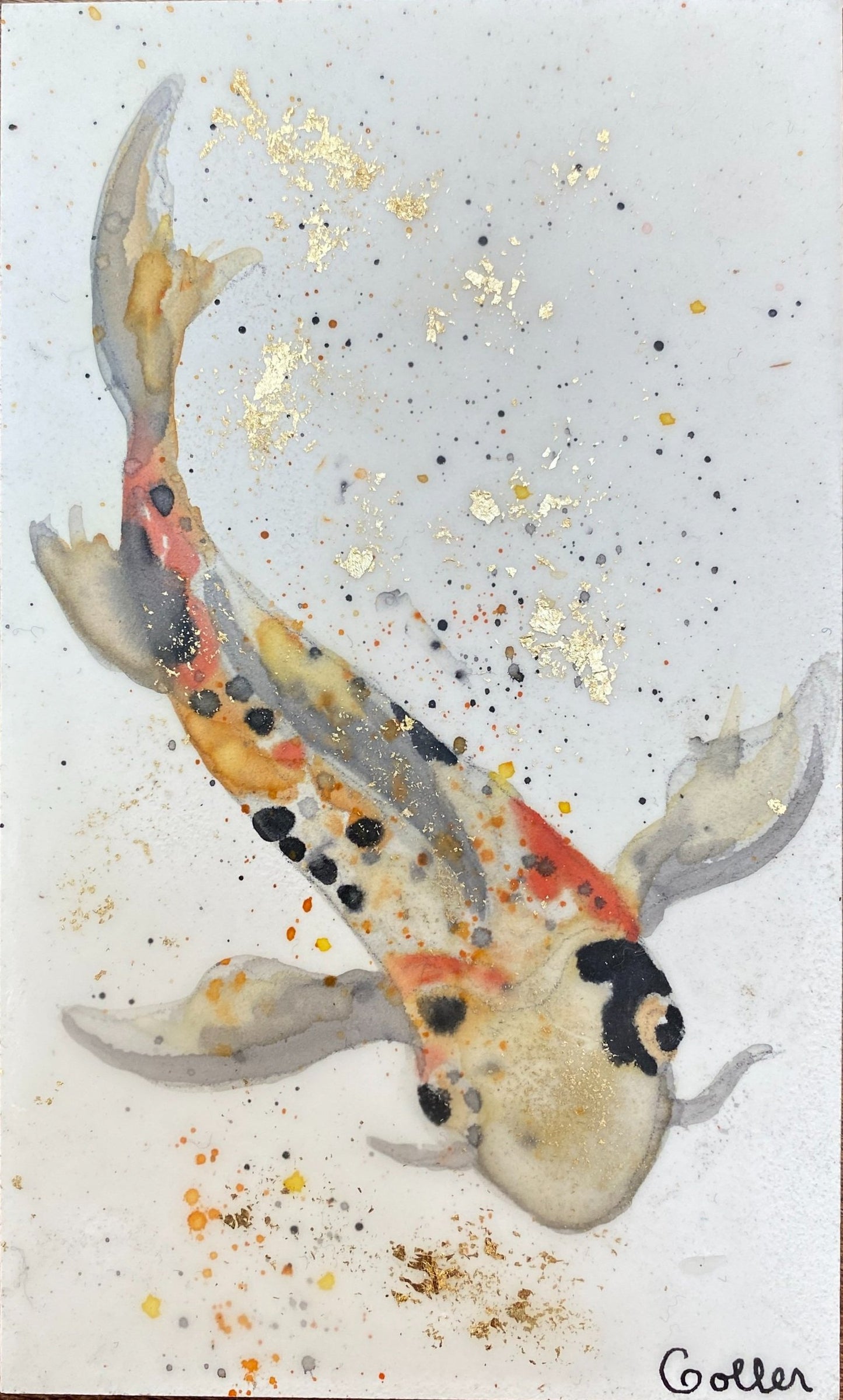 **SOLD** Carrie Goller - Original Koi Miniature Painting 3 x 4.75 - Encaustic/Watercolor/Gold Leaf