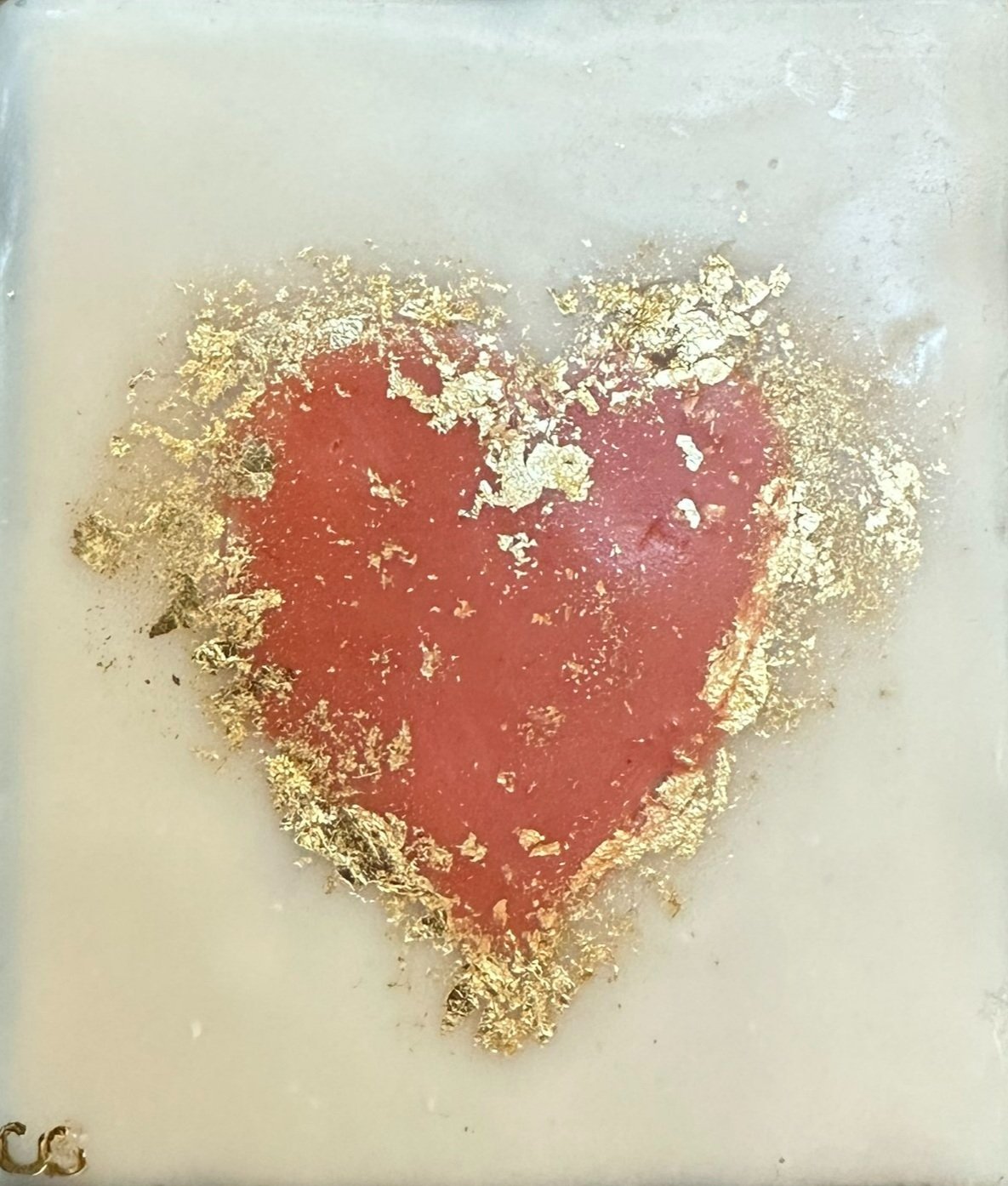 ***SOLD***Carrie Goller - Pink Heart on White with Gold Leaf, 4x3.5