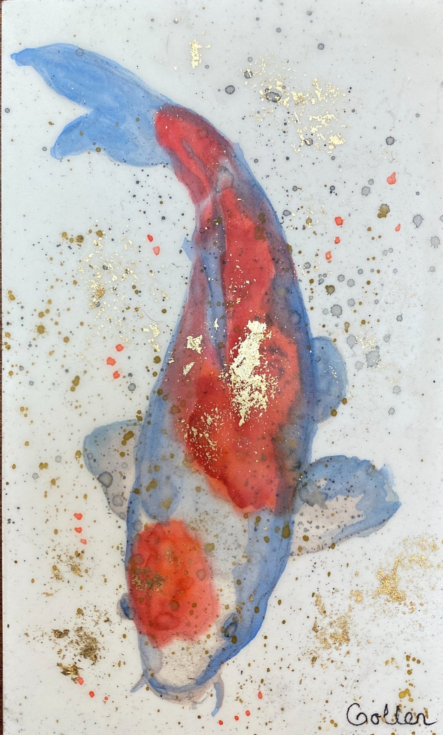 ***SOLD*** Carrie Goller - Original Koi Miniature Painting 3 x 4.75 - Encaustic/Watercolor/Gold Leaf