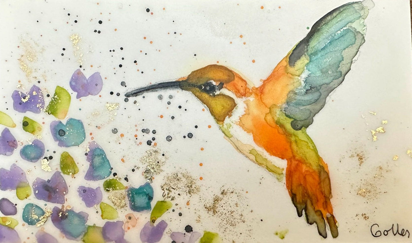 ***SOLD***Carrie Goller - Original Orange Hummingbird with Flowers Miniature Painting 3 x 4.75 - Encaustic/Watercolor/Gold Leaf