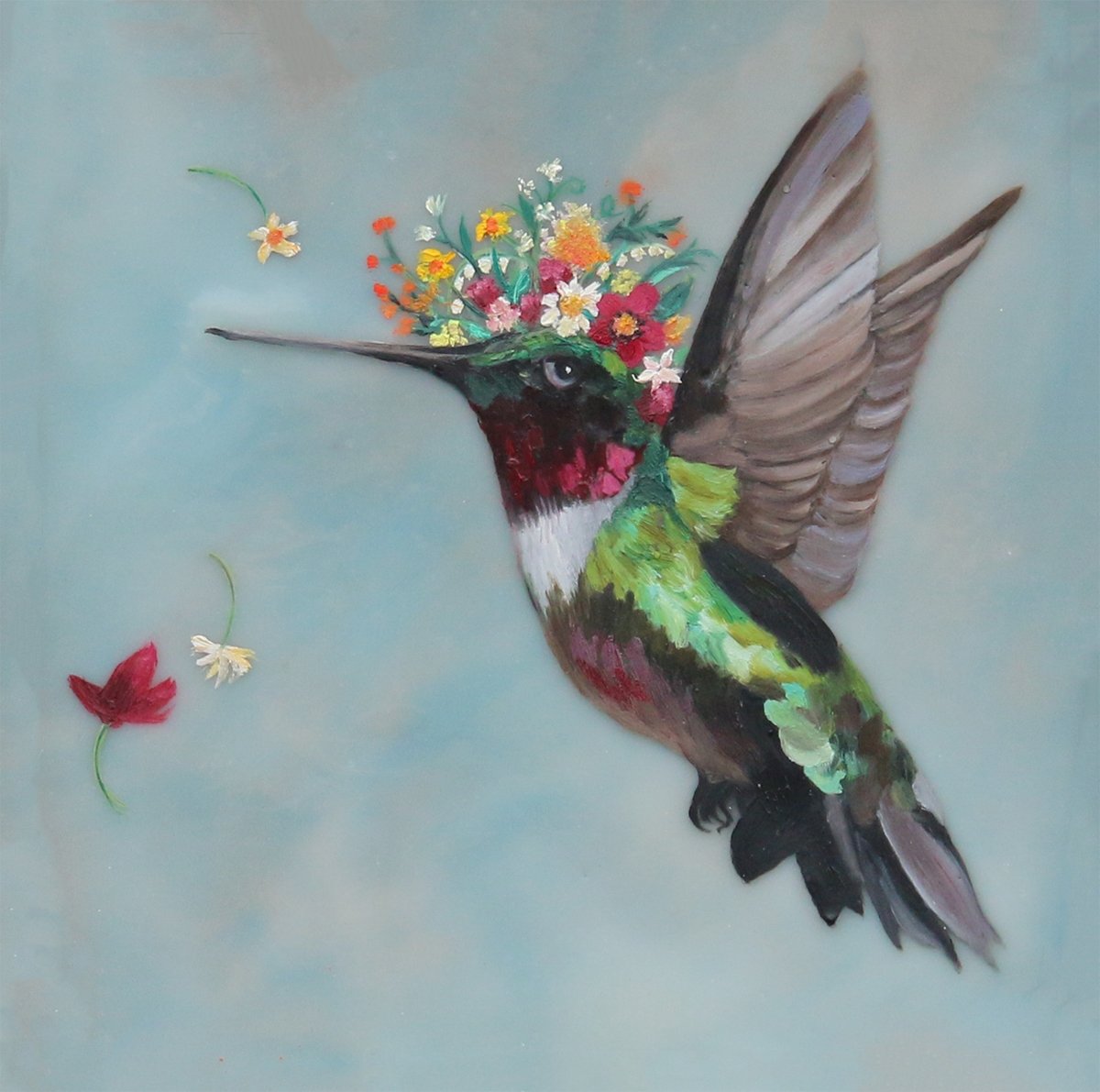 Prints available, originaL ***SOLD*** Carrie Goller - Jalapeño, Floriferous Series hummingbird - Mixed Media - Oil/Encaustic 6x6 Framed***At Jones & Terwilliger Galleries, Carmel, CA please inquire at (831) 626-9100***