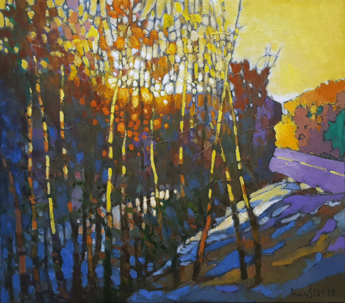 Prints available, original ***SOLD*** MAX HAYSLETTE - Sunrise - Cooper September (HMOC 1299A, Oil & Mixed Media 16x18)