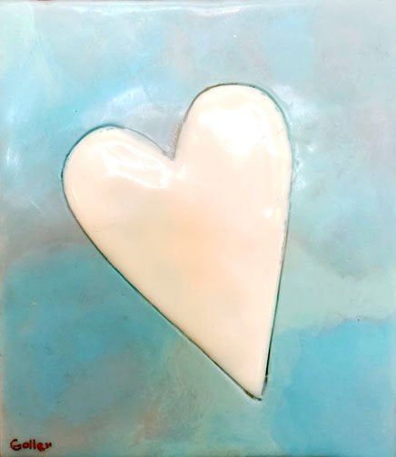 ***SOLD*** Carrie Goller - White on Blues Heart, encaustic 5.25x5