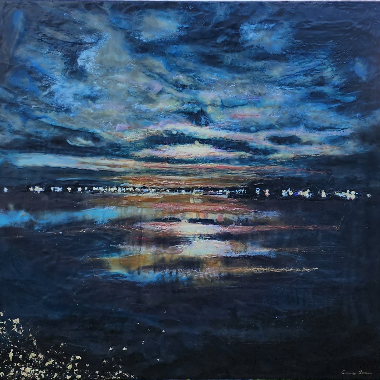 Prints available, original **SOLD** Carrie Goller - From the Writer's Cabin, Encaustic/Gold leaf 36x36