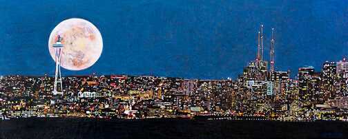 Prints available, original ***SOLD*** Carrie Goller - Twelfth Night in Seatown - Encaustic/Mixed Media 32x80