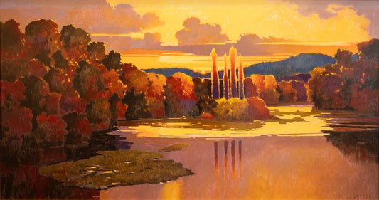 ***SOLD*** MAX HAYSLETTE - Matthews collection, Untitled ( Water and Trees at Sunset)  Original Oil on Canvas, 26x48 (50% of proceeds benefits Kitsap Community Foundation)