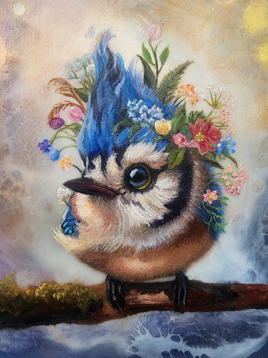 CARRIE GOLLER -  Dumpling - Floriferous Collection, Mixed media oil/encaustic 8x8 (Bird)******At Rehs Contemporary Galleries, NYC, please inquire at (212) 355-5710***