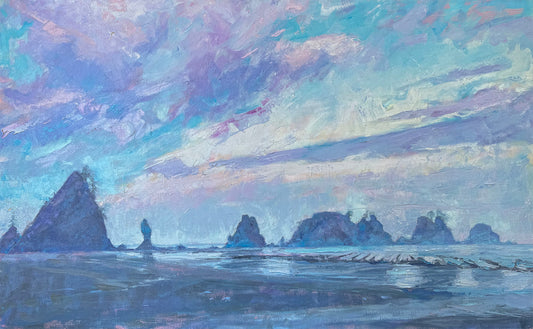 BRIAN MAHIEU - Abalone Skies - Daybreak at Shi Shi Beach, Oil on Canvas, 30x48 *Not currently in gallery, request to view*