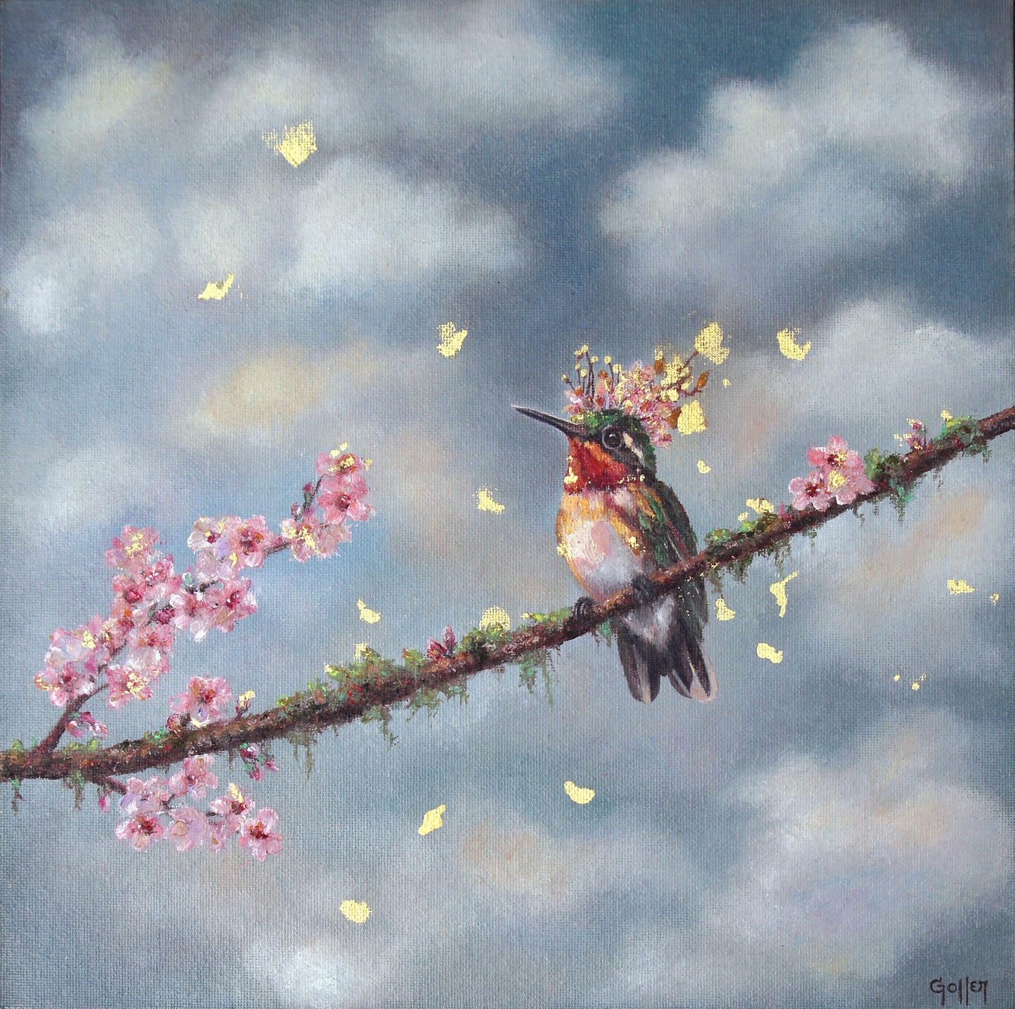 CARRIE GOLLER -  Above the Orchard, Floriferous collection (Hummingbird), Oil/23 K Gold on Canvas panel 12" x 12" ***At Jones & Terwilliger Galleries, Carmel, CA please inquire at (831) 626-9100***