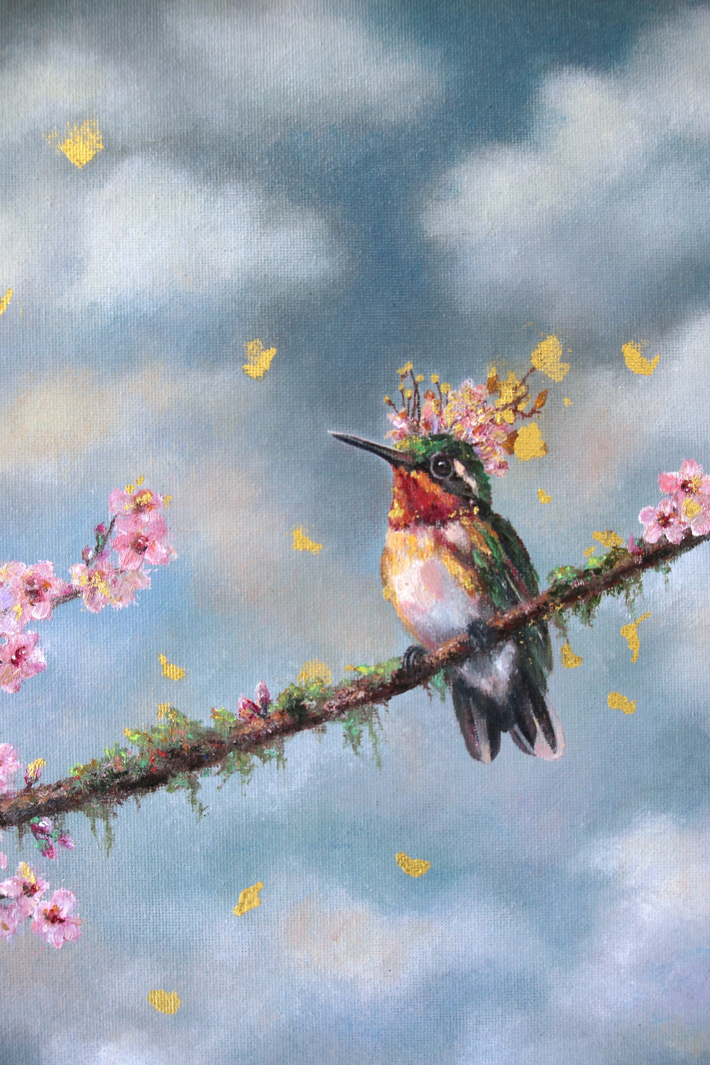 CARRIE GOLLER -  Above the Orchard, Floriferous collection (Hummingbird), Oil/23 K Gold on Canvas panel 12" x 12" ***At Jones & Terwilliger Galleries, Carmel, CA please inquire at (831) 626-9100***