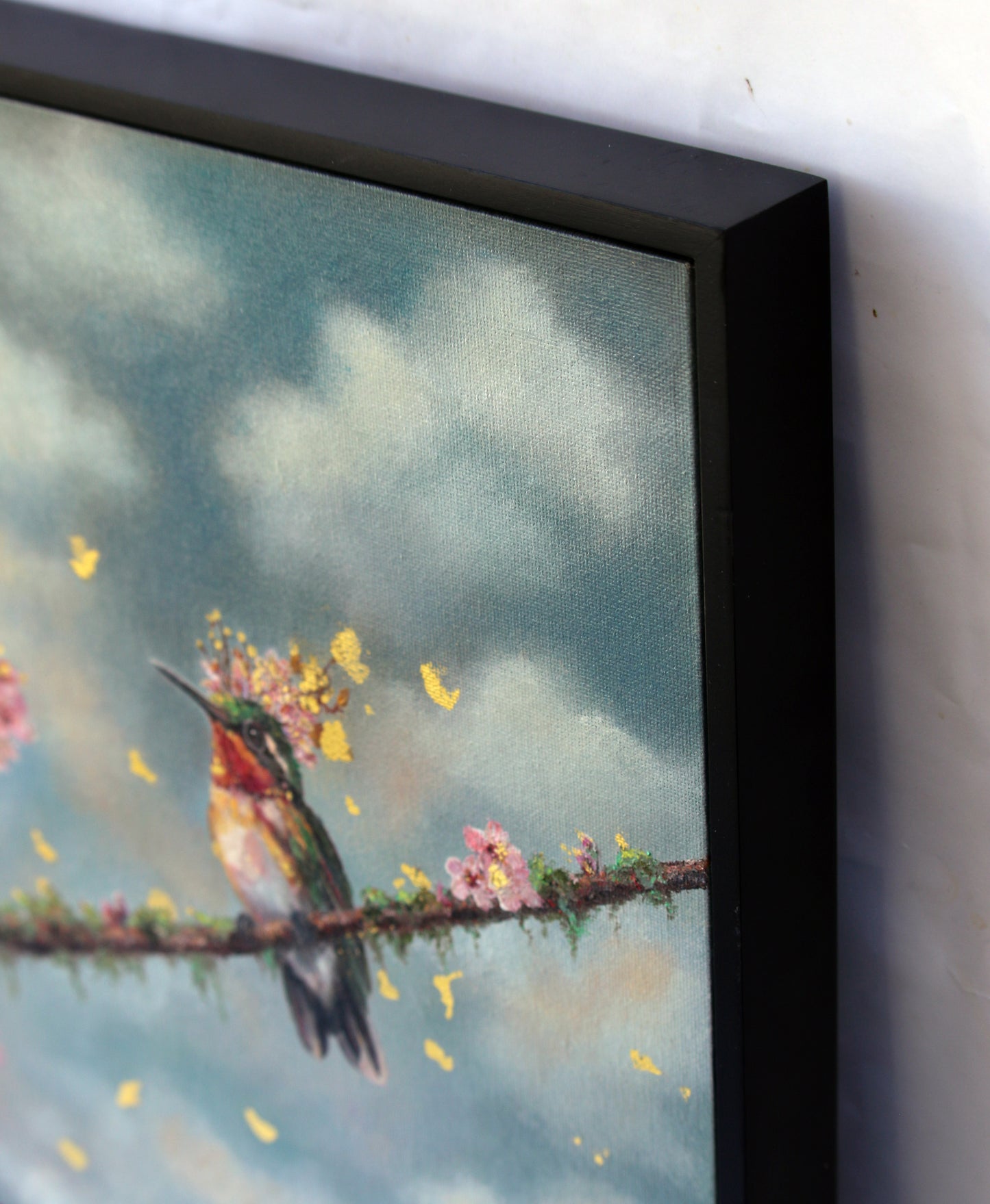 CARRIE GOLLER -  Above the Orchard, Floriferous collection (Hummingbird), Oil/23 K Gold on Canvas panel 12" x 12" ***At Jones and; Terwilliger Galleries, Palm Desert, CA please inquire at (760) 674-8989***