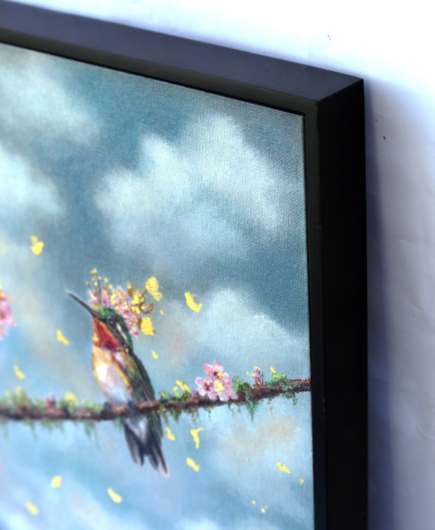 CARRIE GOLLER -  Above the Orchard, Floriferous collection (Hummingbird), Oil/23 K Gold on Canvas panel 12" x 12" ***At Jones & Terwilliger Galleries, Carmel, CA please inquire at (831) 626-9100***