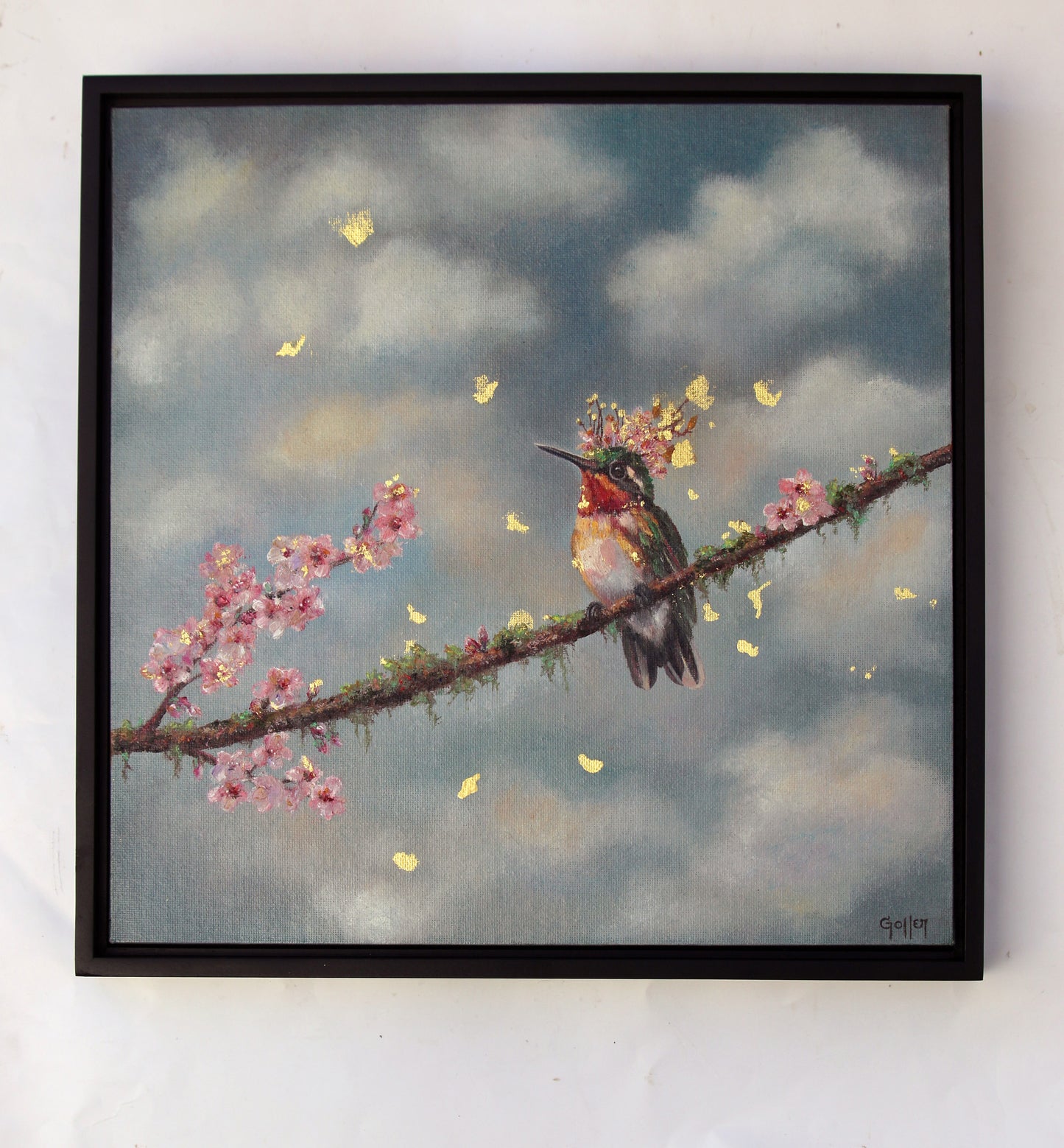 CARRIE GOLLER -  Above the Orchard, Floriferous collection (Hummingbird), Oil/23 K Gold on Canvas panel 12" x 12" ***At Jones and; Terwilliger Galleries, Palm Desert, CA please inquire at (760) 674-8989***