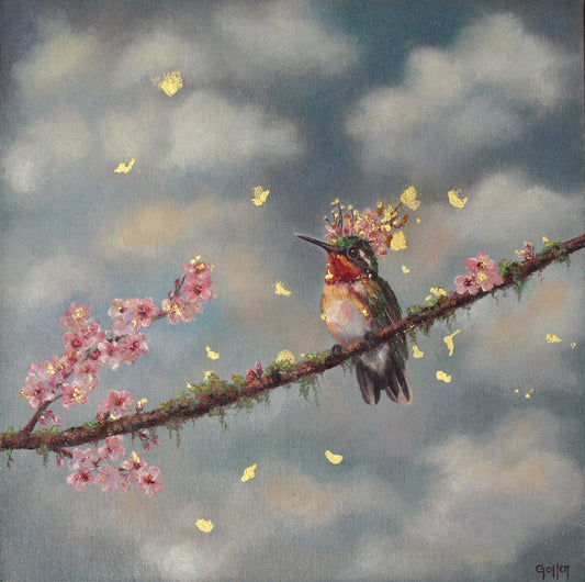 CARRIE GOLLER -  Above the Orchard, Floriferous collection (Hummingbird), Oil/23 K Gold on Canvas panel 12" x 12" ***At Jones and; Terwilliger Galleries, Palm Desert, CA please inquire at (760) 674-8989***