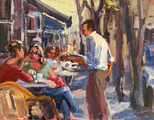 JEANNE EDWARDS - Afternoon Chat, oil on panel, 11x14 (framed)