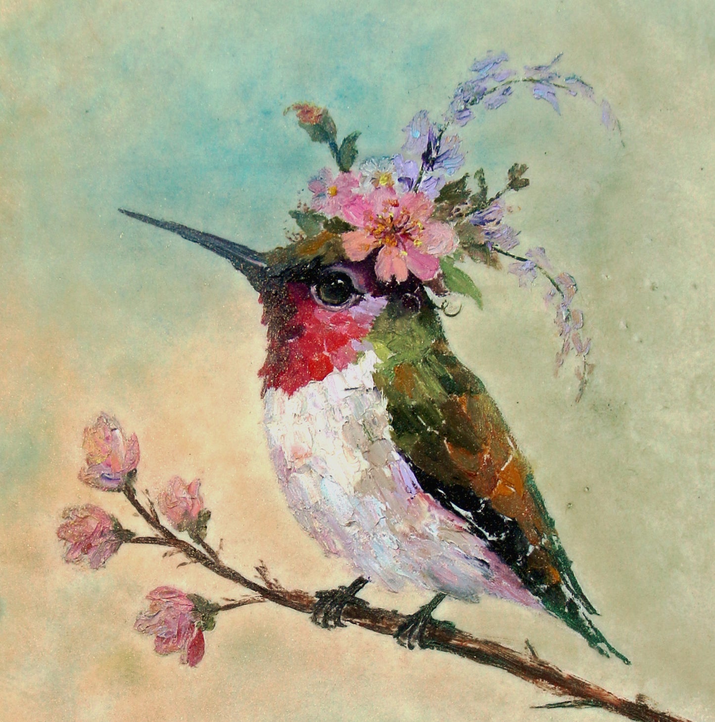 CARRIE GOLLER - Agatha, Floriferous collection (hummingbird), 8x8 Mixed Media - Oil/Encaustic