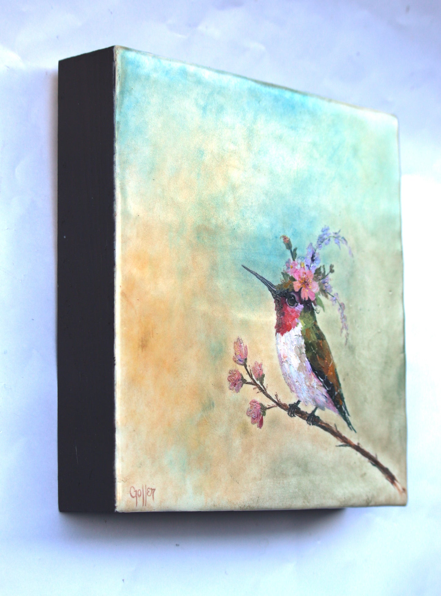 CARRIE GOLLER - Agatha, Floriferous collection (hummingbird), 8x8 Mixed Media - Oil/Encaustic