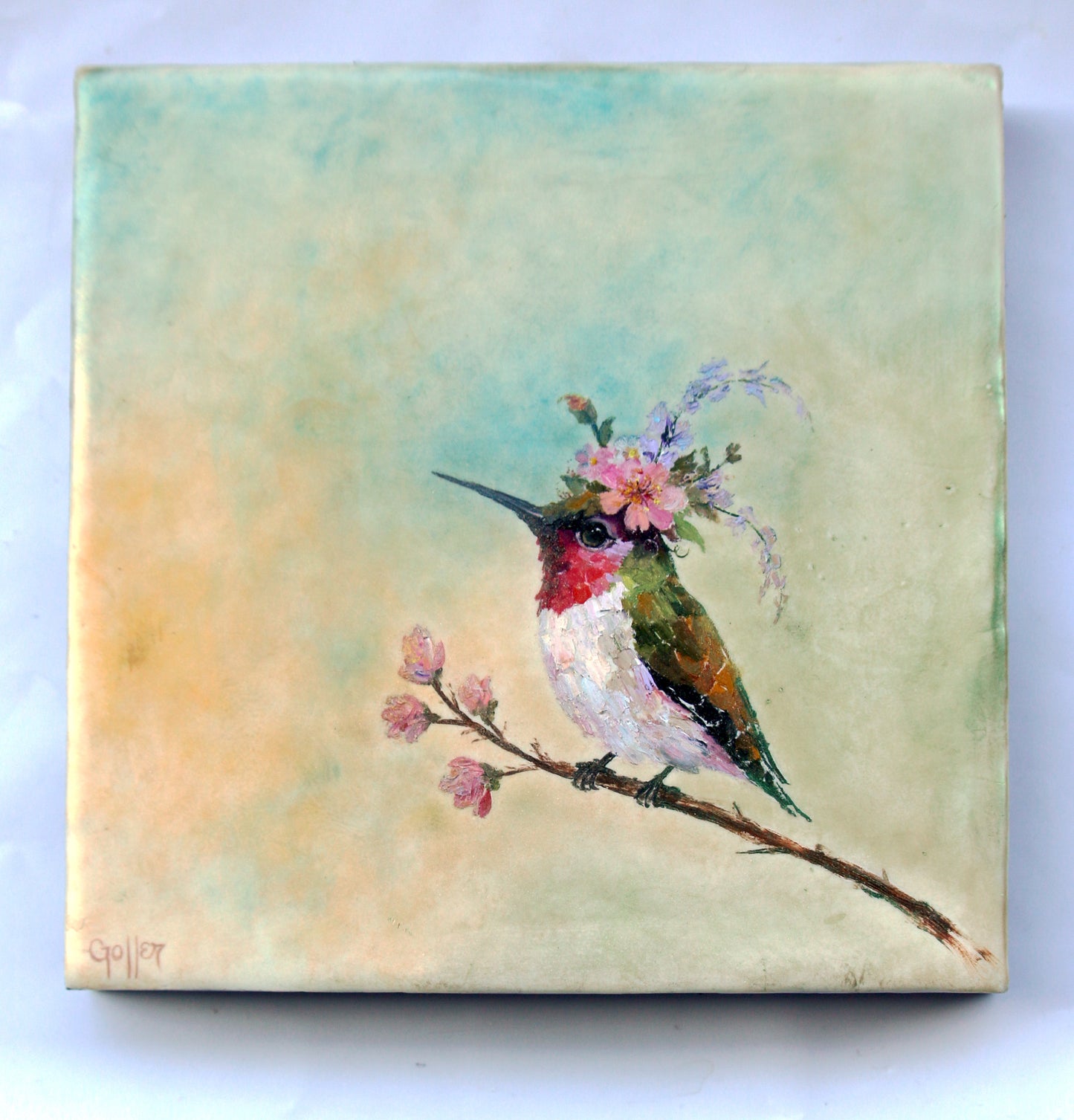 CARRIE GOLLER - Agatha, Floriferous collection (hummingbird), 8x8 Mixed Media - Oil/Encaustic