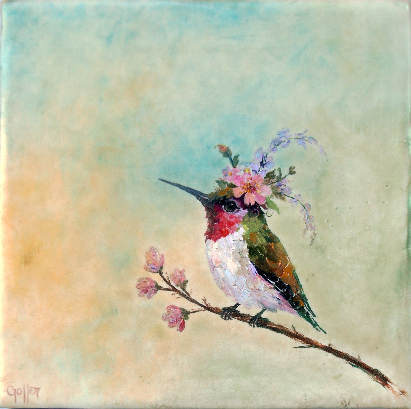 CARRIE GOLLER - Agatha, Floriferous collection (hummingbird), 8x8 Mixed Media - Oil/Encaustic