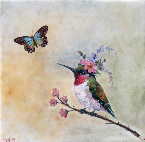 CARRIE GOLLER - Agatha, Floriferous collection (hummingbird), 8x8 Mixed Media - Oil/Encaustic