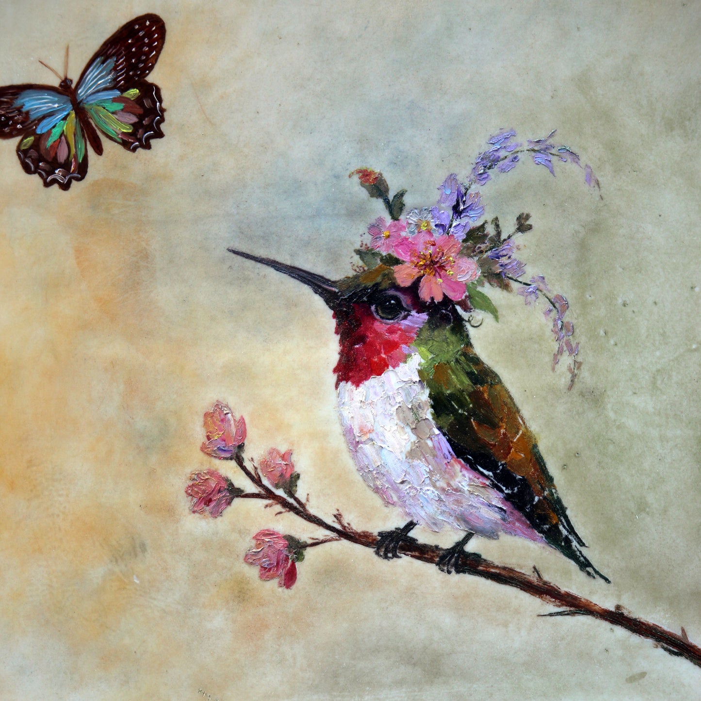 CARRIE GOLLER - Agatha, Floriferous collection (hummingbird), 8x8 Mixed Media - Oil/Encaustic